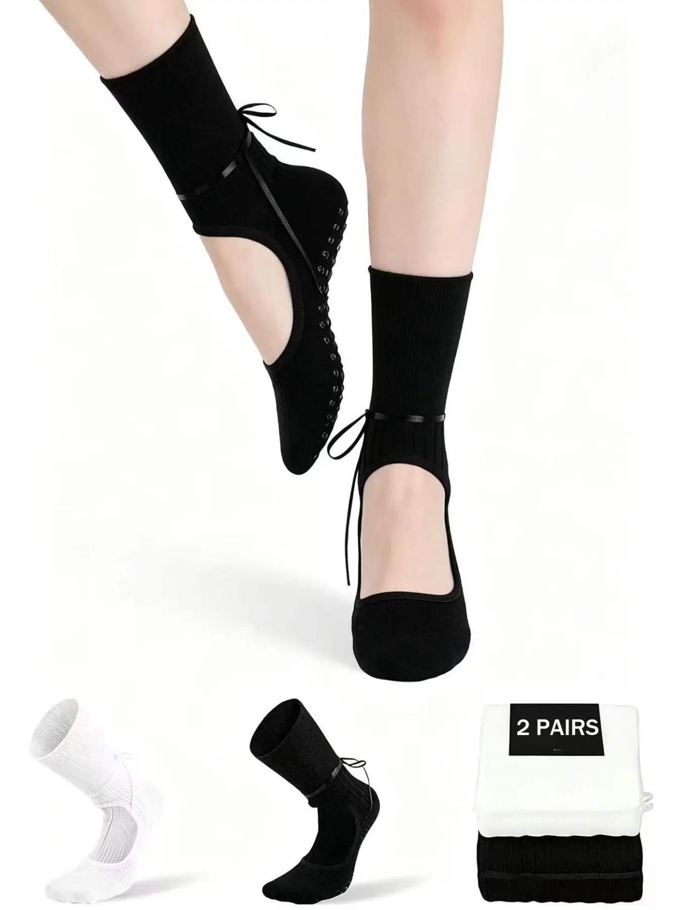 2 Pairs Women's Non-Slip Yoga Socks, Cute Open-Toe Pilates Socks with Ribbon, Anti-Slip Ballet Dance Yoga Socks, Fitness Studio Tie-On Socks