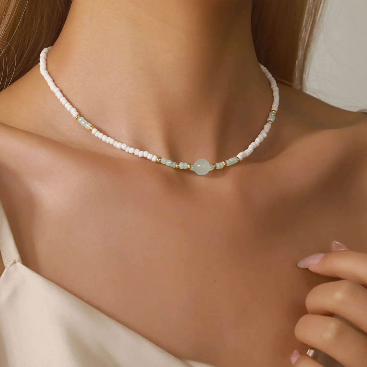 Boho Summer Beaded Choker Necklace - Geometric Ceramic Mint Green Center Pendant, Adjustable Chain, Minimal Layering Neck Jewelry Gift for Beach Holiday, Daily Use, Beaded Necklaces, Ceramic Beads