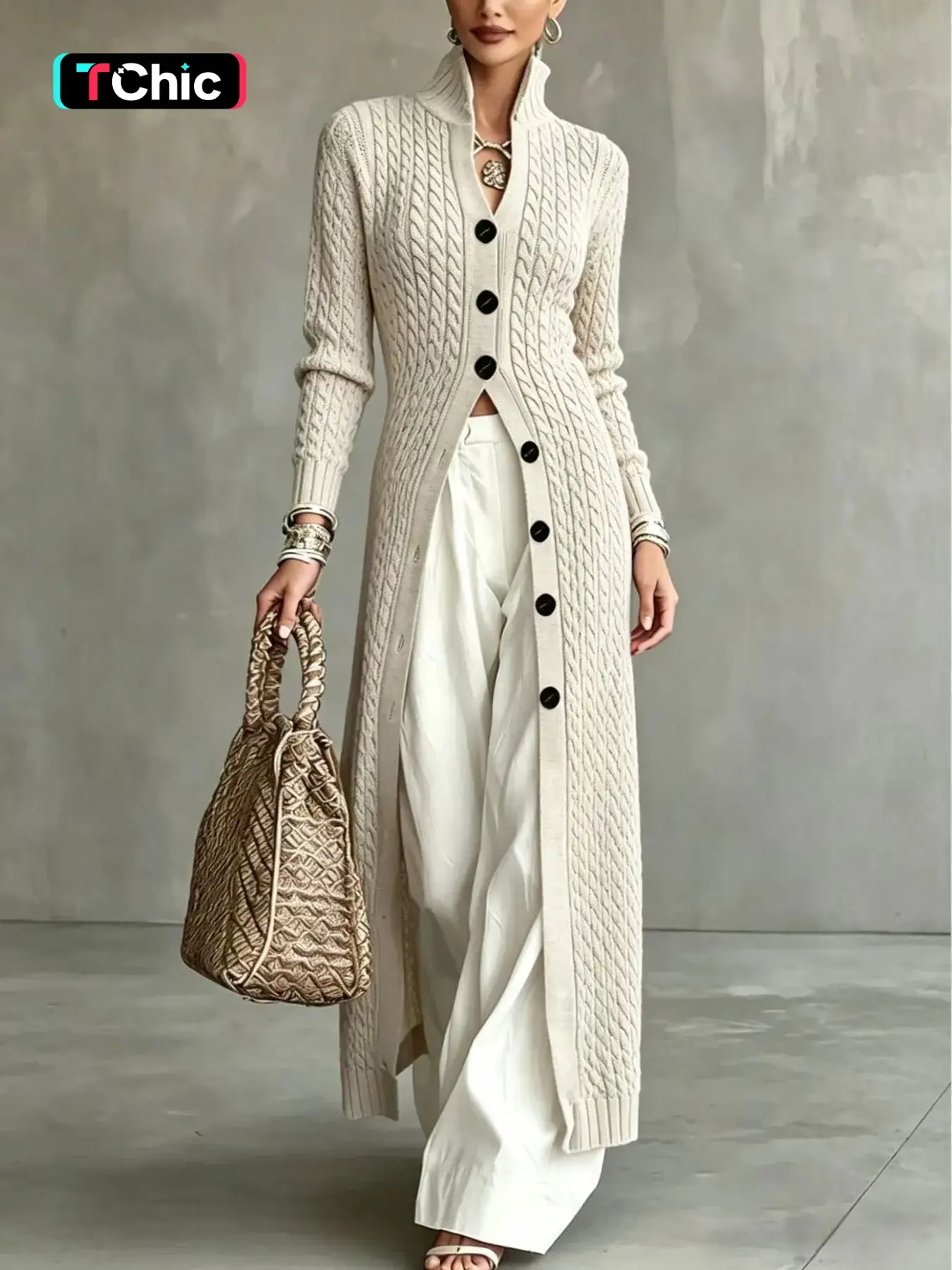 Women's Cable Knit Long Cardigan, Stand Collar Single Button Fall Winter Commute Jacket, Slim Fit Elegant Outerwear for Daily Wear