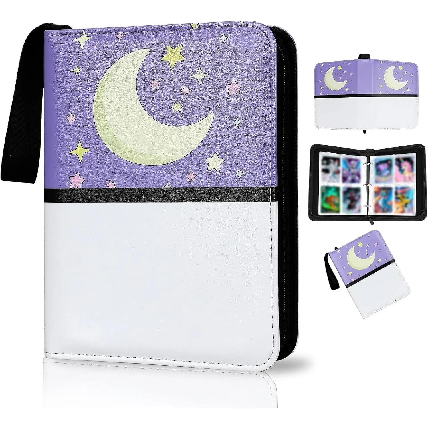 Collectible Trading Card Albums 4 Pocket Card Binder 400 Double Sided Pocket PU Premium Zip Trading Card Binder for TCG MTG Sports Cards (Purple White)