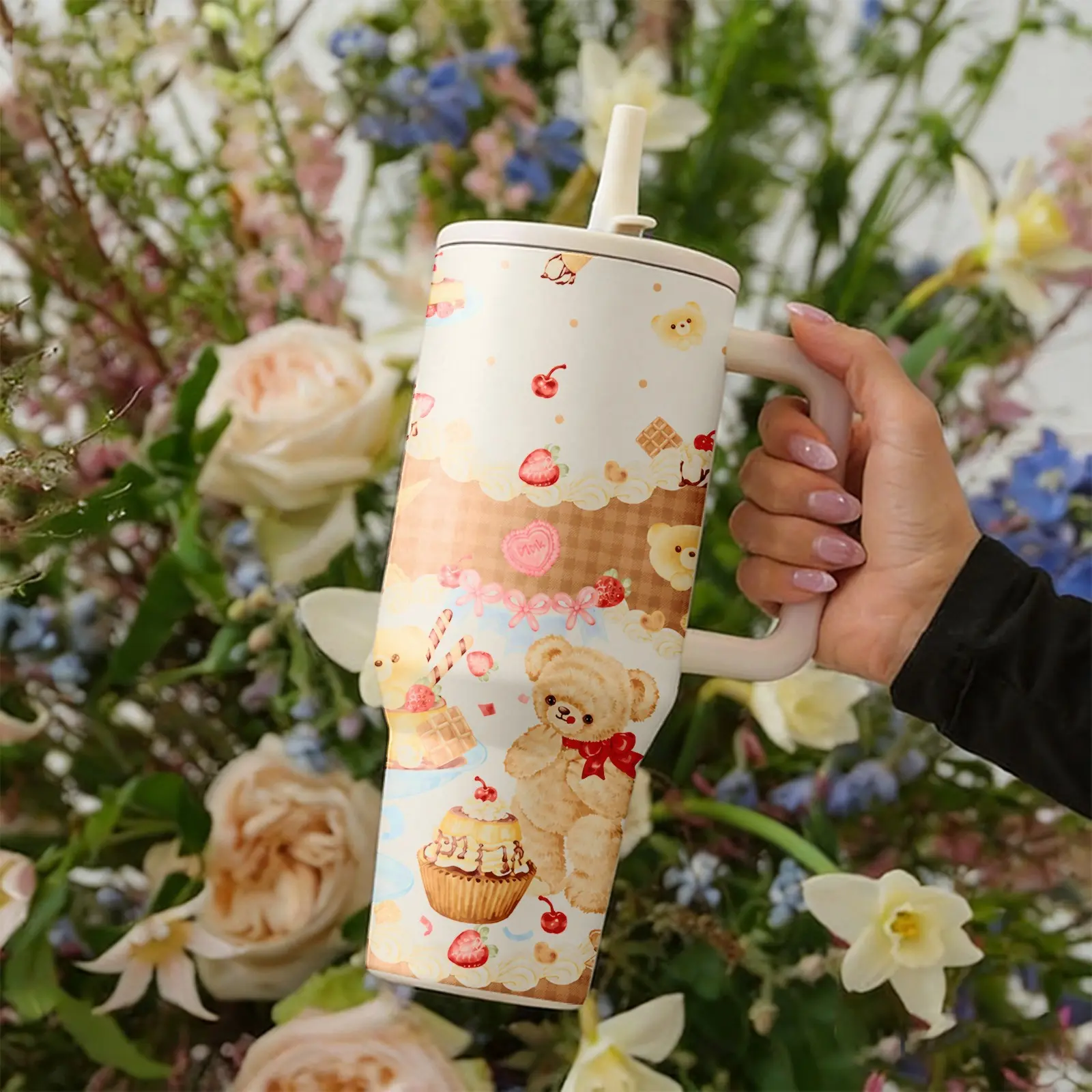 1PC Cream Bear Wonderland 40oz Tumbler with Handle, Cute Teddy Bear Dessert Print Insulated Cup with Straw, Sweet Kawaii Style Stainless Steel Water Bottle, Double Wall Vacuum Travel Mug, Leak Resistant Reusable Tumbler for Women, School, Gym & Daily Use.