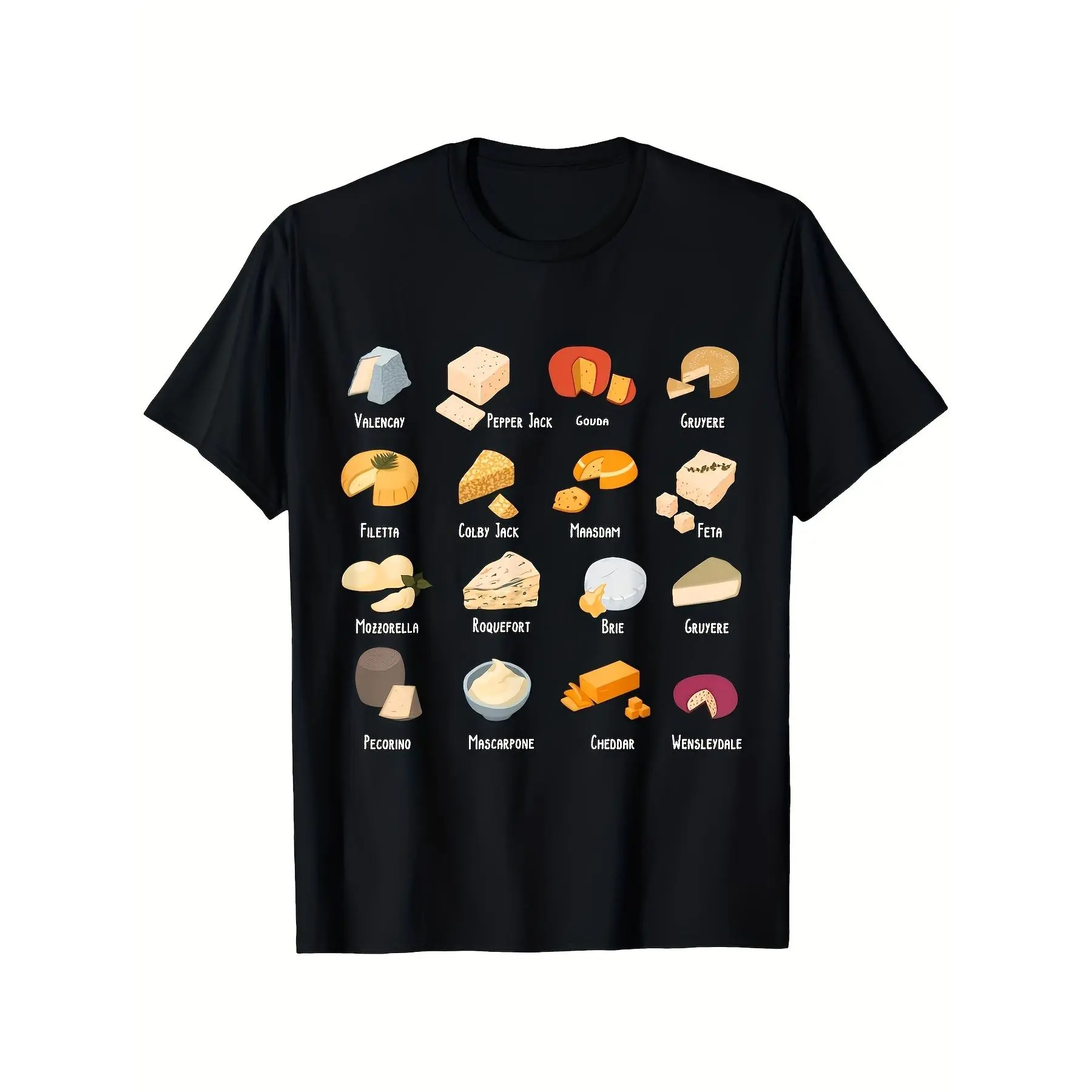 Funny Vintage Cheese Chart T Shirt for Cheese Lovers 220gsm Breathable Summer Tee with 12 Cheese Illustrations Regular Fit Casual Round Neck Top for Adults Breathable Tshirt Casual Outdoor ClotInteresting graphic T-shirt series, Plus Size