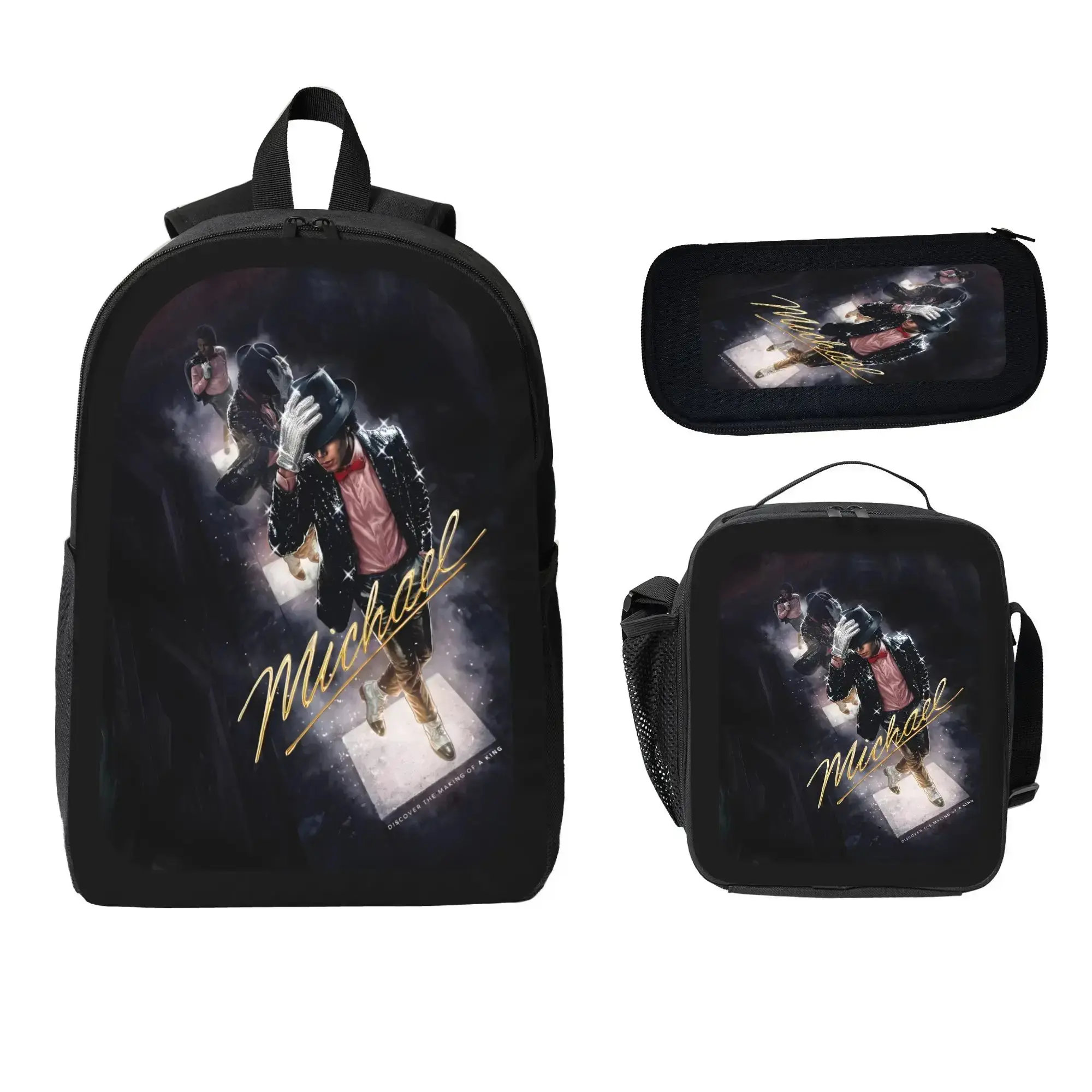 King of Pop Michael Jackson 3-in-1 Backpack Merch Set, MJ Themed School Bookbag with Matching Lunch Box & Pencil Pouch, Back to School Must-Have Accessory for Teen MJ Fans
