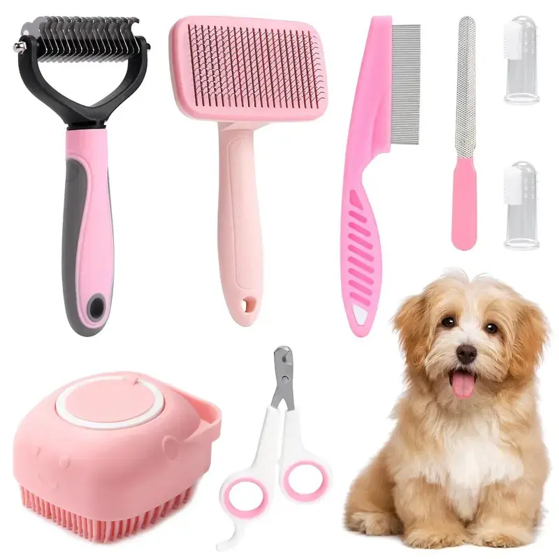 Summer Pet Grooming Tool Set (8 Counts), Shedding Grooming Kit, Hair Grooming and Oral Hygiene Tools, Dog & Cat Grooming Supplies for Indoor & Outdoor Use, Pet Products, Cat Stuff, Dog Stuff, Valentine's Day Gift, Poodle Grooming Kit