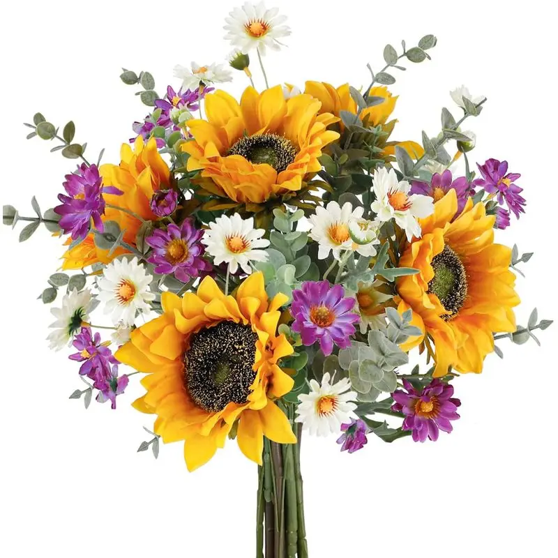 Artificial Sunflower Cemetery Flowers for Grave, UV Resistant Faux Sunflower Memorial Bouquet, Fall Floral Arrangement for Gravesite, Cemetery Vase, Home Decor, Wedding Centerpiece