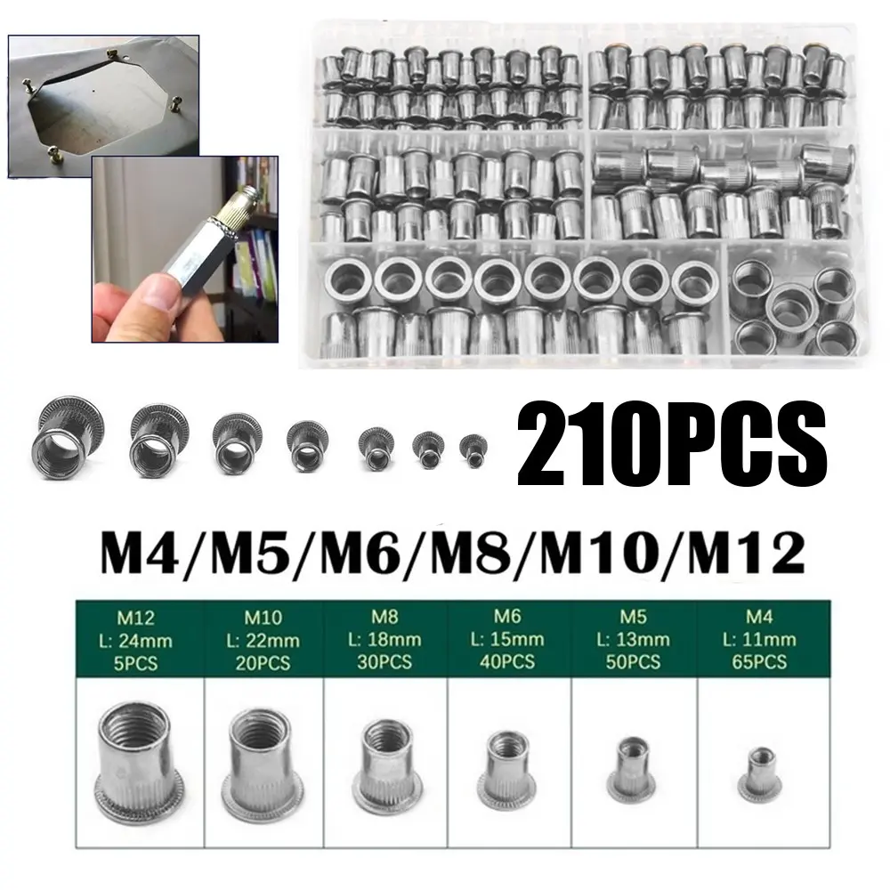 Aluminum Flat Head Rivet Set, 210pcs M3-M12 Threaded Rivets, Boxed Aluminum Rivet Nuts Kit, Hardware Accessories