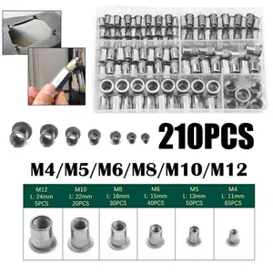 Aluminum Flat Head Rivet Set, 210pcs M3-M12 Threaded Rivets, Boxed Aluminum Rivet Nuts Kit, Hardware Accessories