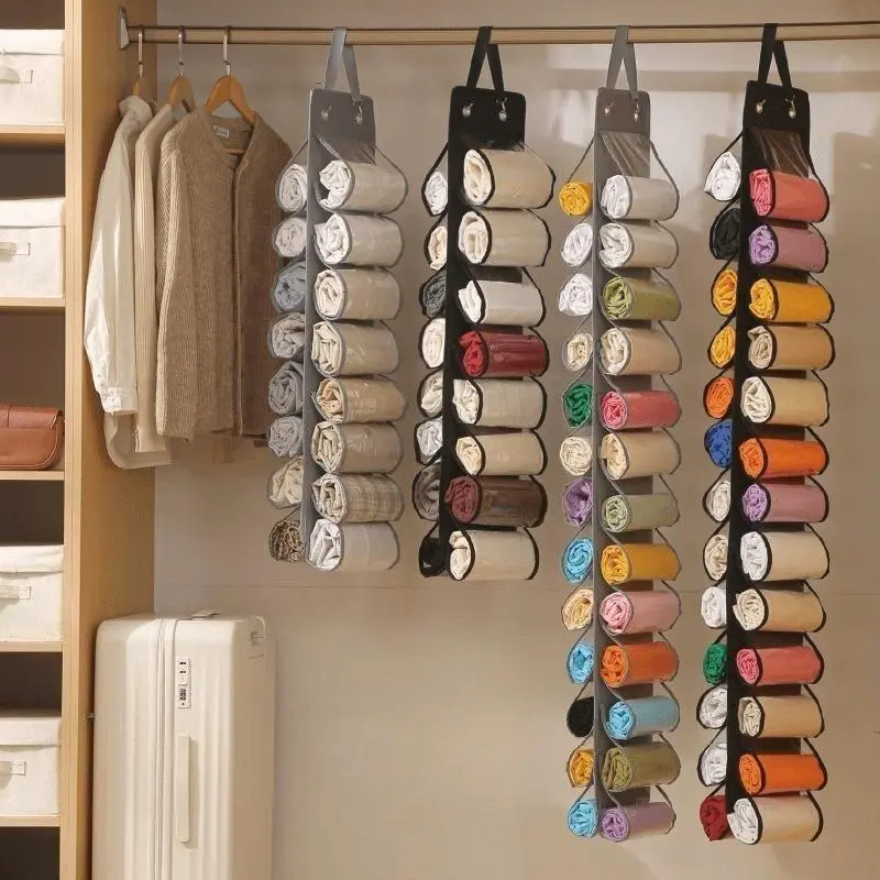 Double Sided Over The Door Hanging Organizer, Breathable Fabric Wardrobe Storage with Deep Pockets for Women's Clothes & Socks, Space Saver for Student Dorm Closet