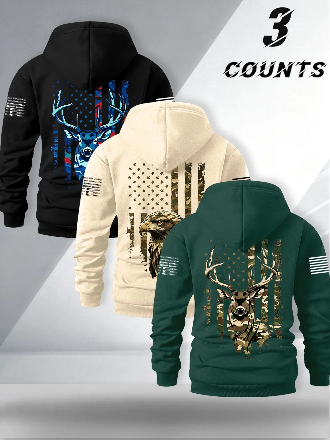 Men's Casual Hooded Sweatshirt, Camouflage Usa Flag Deer Eagle Print, Camo Printed Hoodie, Vintage Workwear Style, Fall & Winter Fashion