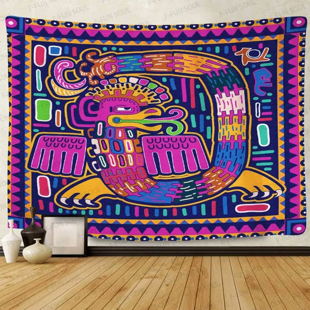 Mexican Huichol Tapestry Soft Flannel, Aztec Culture Ancient Snake Colorful Art Wall Hanging Tapestries for Living Room Bedroom Decor