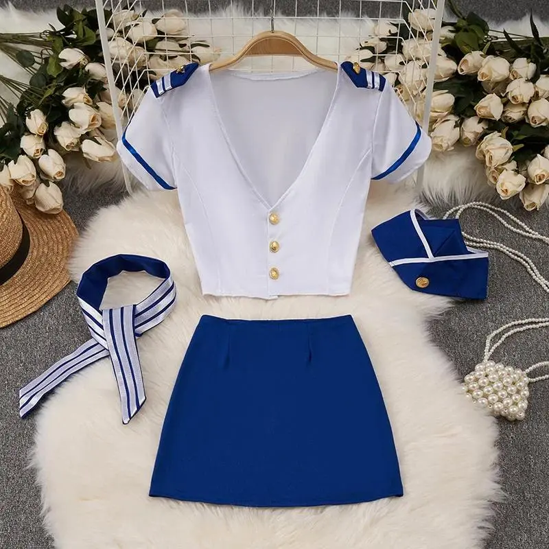 Women's 4-Piece Sexy Sailor Costume, Role-Play Uniform Set with V-Neck Crop Top and Blue Hip-Wrap Skirt, Fitted, Role-Play Set, Theatrical Costume Sets