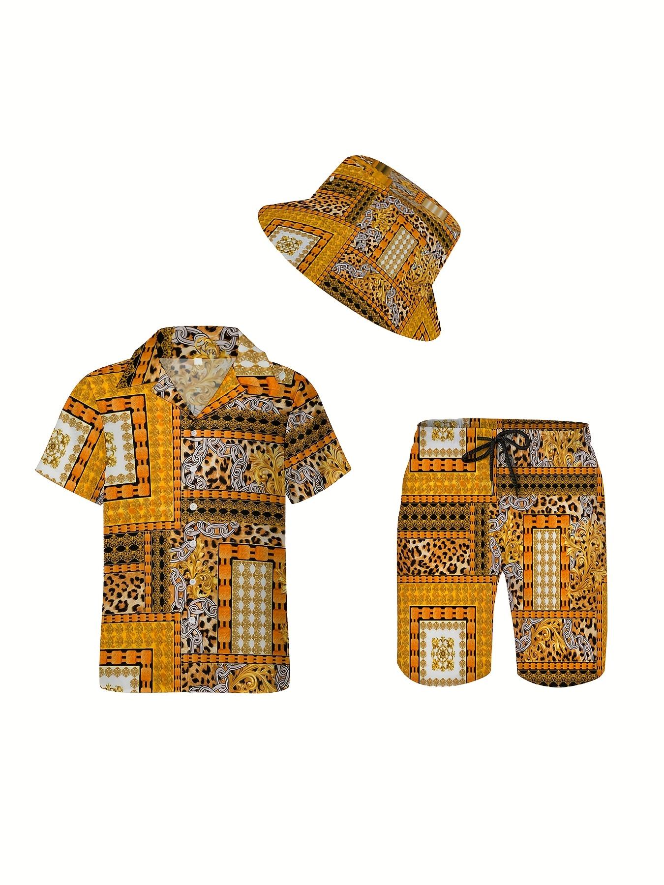 3pcs Mens Hawaiian Shirt And Shorts Bucket Hat Set, Golden Luxury Leopard Baroque Pattern, Soft Fabric Breathable Shirt, Button- Short Sleeve Casual Beach Shirt with Straw Hat Set