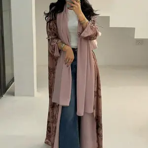 Hafizah Women's Chiffon Floral Print Abaya Set with Hijab, Modest Islamic Fashion, Loose-Fitting Long Robe, Summer and All Seasons