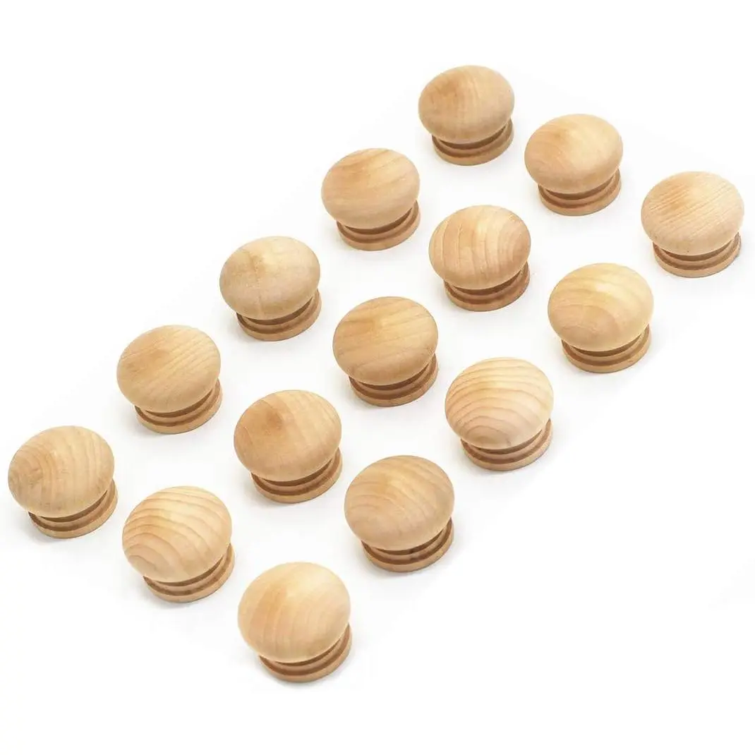 15-Pack Unfinished Solid Wooden Round Knobs - 1/8 Inches Diameter, 1 Inch Height Cabinet Pulls Handles for Cabinets/Drawers, Wood Surfaces, DIY Users