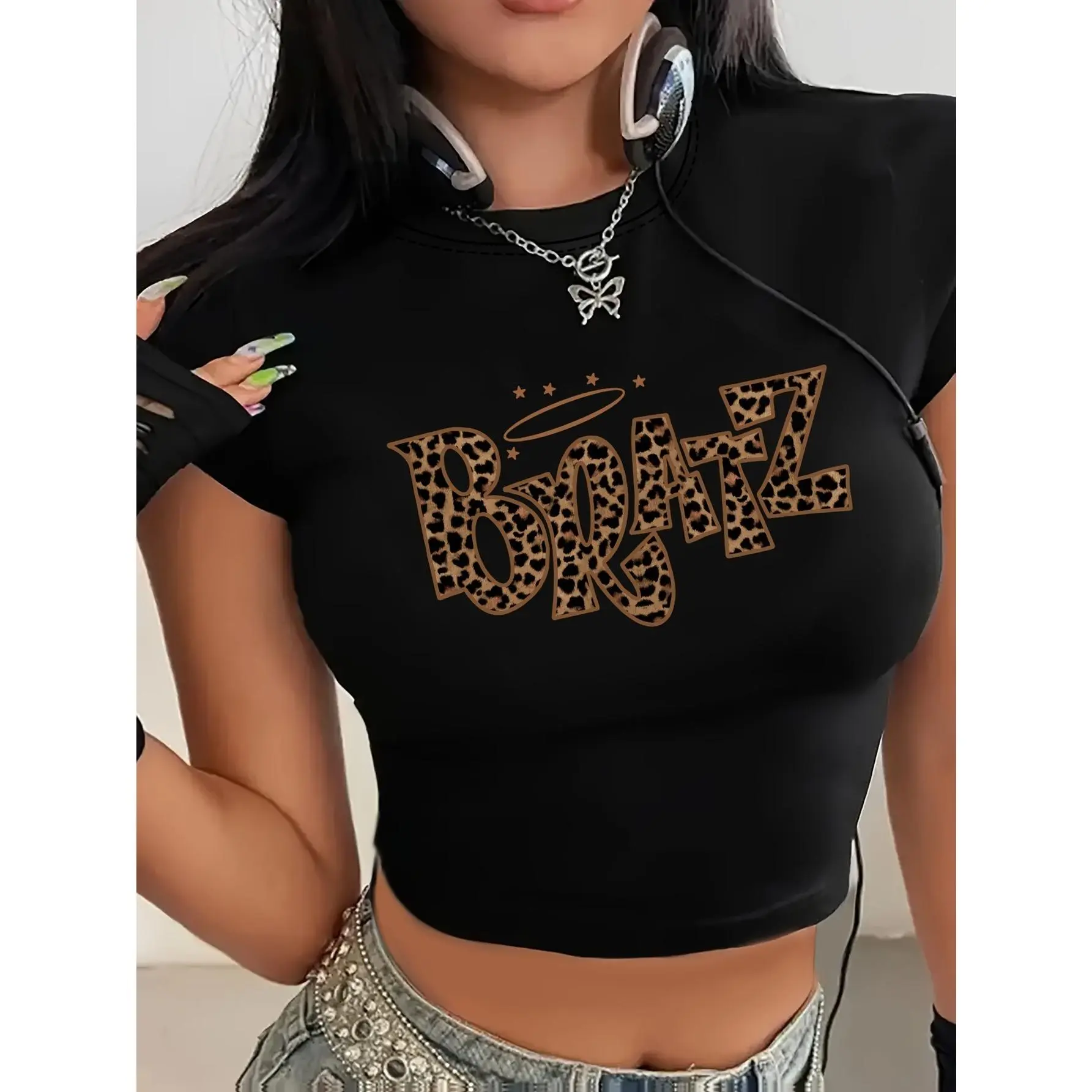 Interesting Print Cropped Women's T-shirt, Lightweight And Breathable, Fashionable And Trendy, Comfortable And Fit, Local Shipping