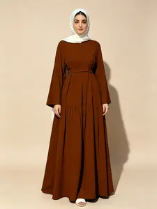 Women's Navy Belted Tiered Flare Sleeve Modest Abaya, Elegant Formal Islamic Hijabi Style, Flowy Crepe Fabric, All Seasons Dress