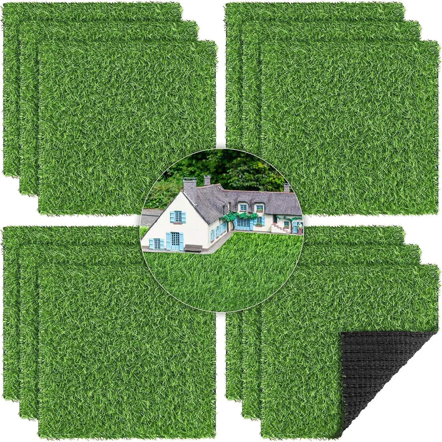 12 Pack Artificial Grass Mat 12 x 12 Inch Fake Grass Square Mat Synthetic Turf Patch Tiles with Drainage Hole Grass Rug for DIY Grass Decoration Balcony Patio Chicken Nesting, Grass Green