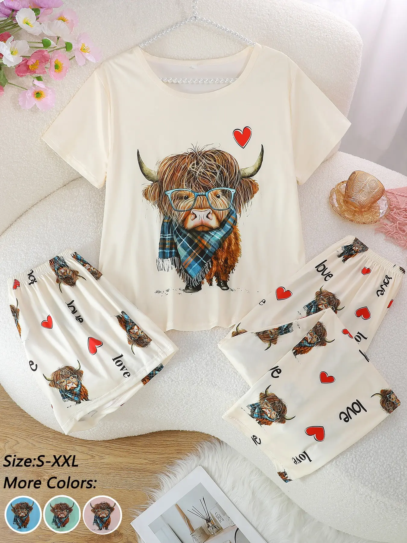 Women's Casual Loungewear Sleepwear Pajama Clothes Set, Round Neck Short Sleeve Top & Shorts & Pants, Scottish Plaid Highland Cow Print, All Seasons Wear