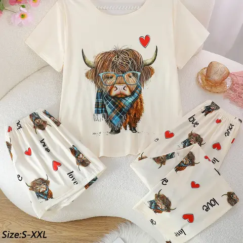 Women's Casual Sleepwear Set, Pajama Set, Round Neck Short Sleeve Top, Shorts and Pants, Scottish Plaid Highland Cow Print, All Seasons Wear