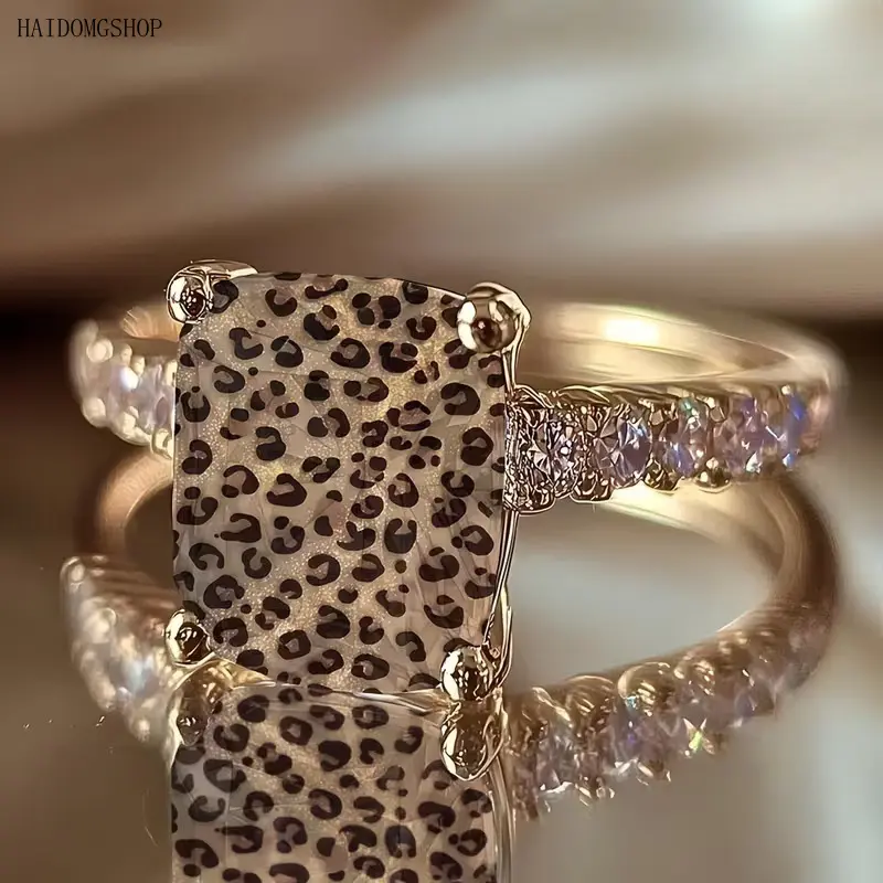 Leopard Print Square Statement Ring, Wild Animal Pattern Design with Side Embellishments, Bold Personalized Fashion Jewelry
