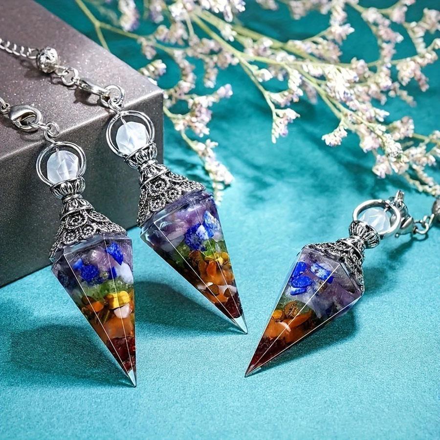 Vintage Style Colorful Crystal Pendulum, 1 Count Gemstone Rainbow Crushed Stone Resin Spiritual Pendulum Accessory, Retro Natural Crystal Pendant for Home Office Dormitory School Car