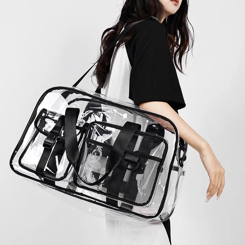 2026 New Women Clear PVC Bag Large Capacity Travel Luggage Bag Full Transparent Casual School bag Stadium Approved Versatile Tote for Students Shopping Commute Campus Travel Weekend Outing Daily Use