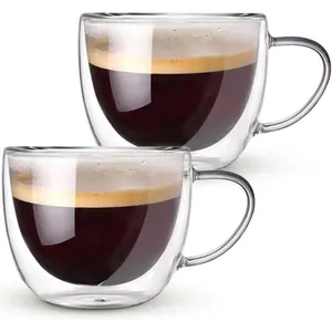 8oz Double Walled Glass Coffee Mugs Set of 2, Hand Blown Heat Resistant Insulated Clear Mugs with Handle for Cappuccino Latte Espresso Americano Tea Beverages