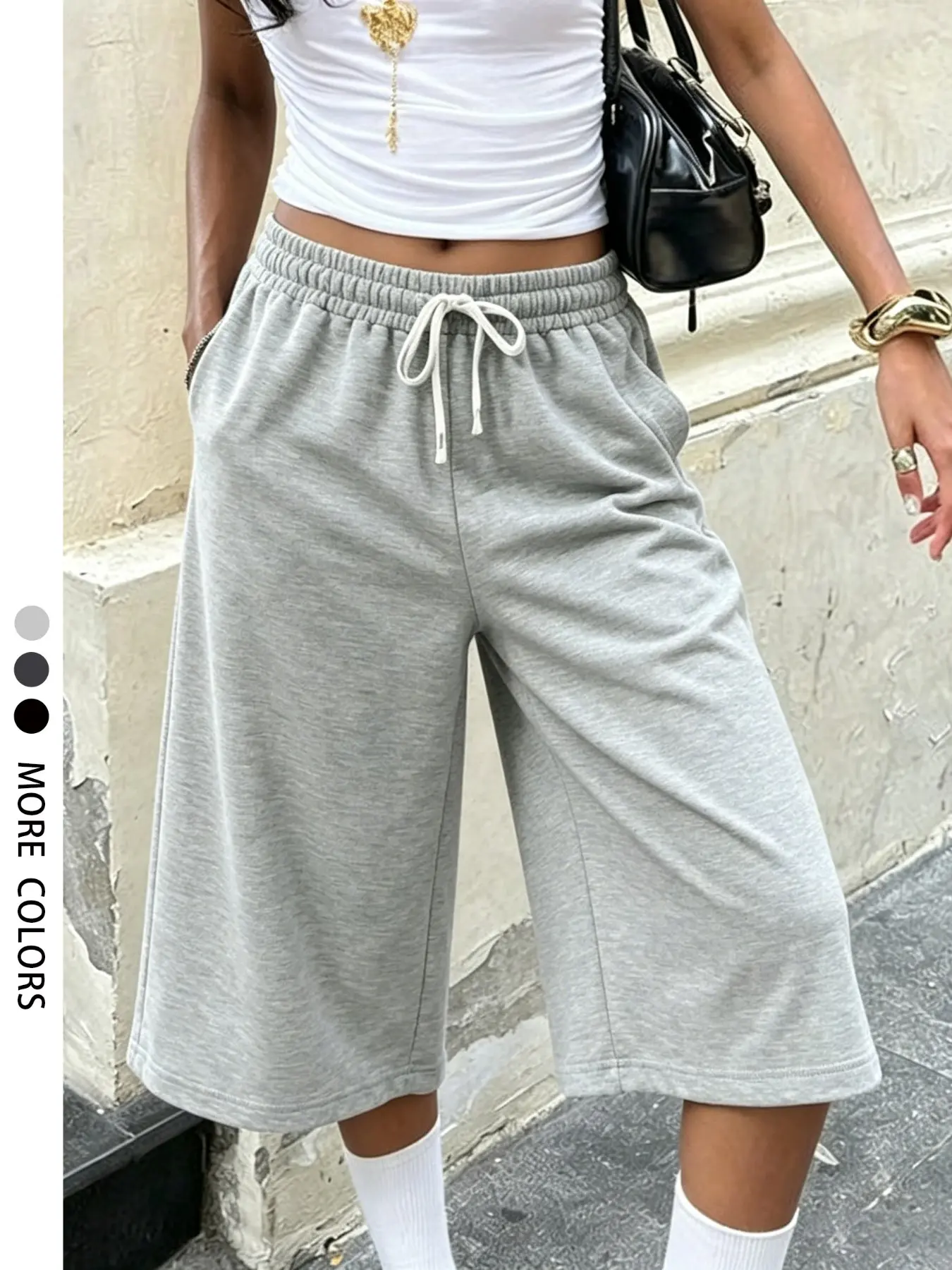 Women's Casual Loose Fit Capri Pants, Drawstring Elastic Waist, Mid Waist, Plain Design, All Seasons, Perfect for Daily Wear