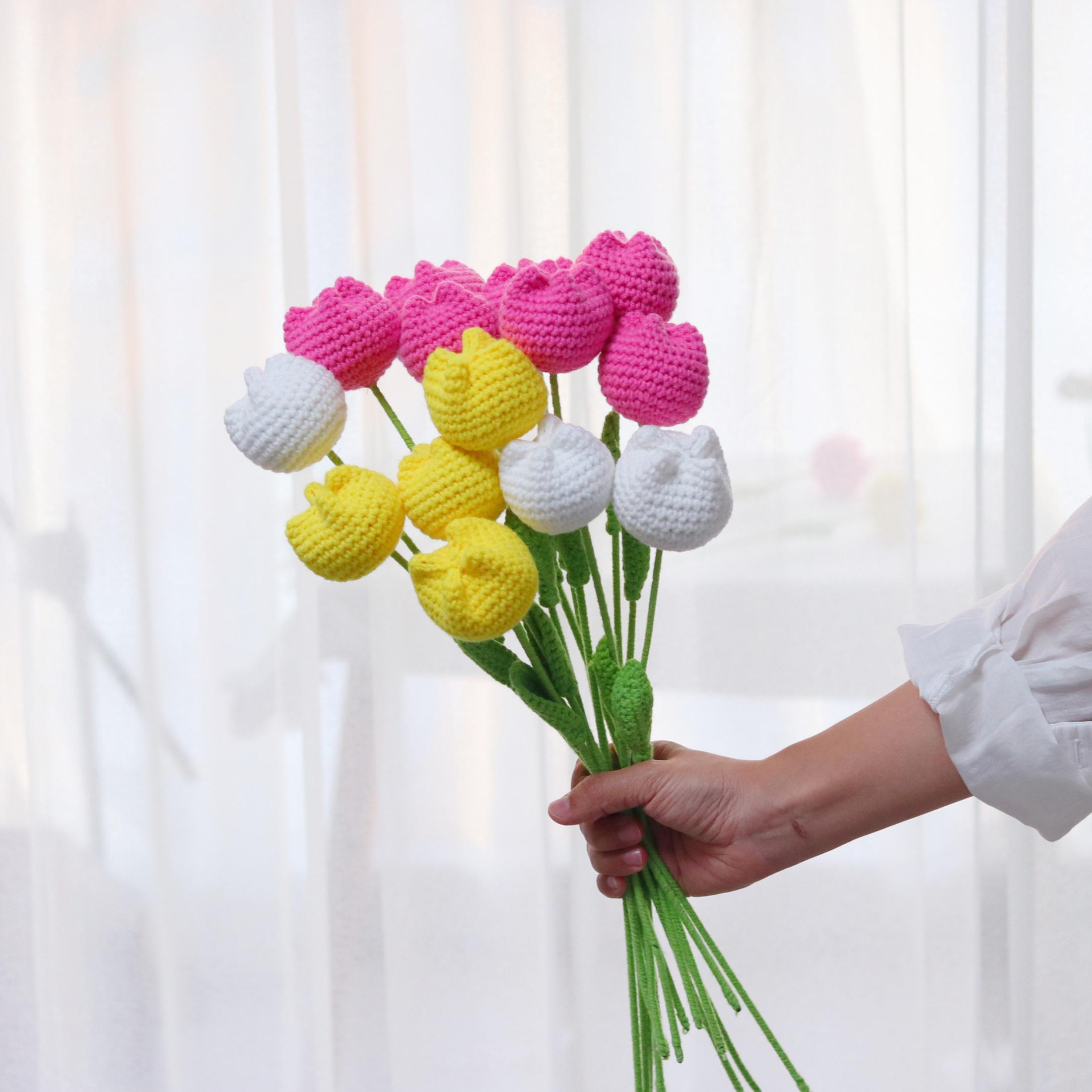 Handmade Crochet Plush Tulip Bouquet, Faux Flower Bouquet, DIY Bouquet for Party and Home Decor, Home Decor Supplies, Fruit, Crochet Artificial Flowers