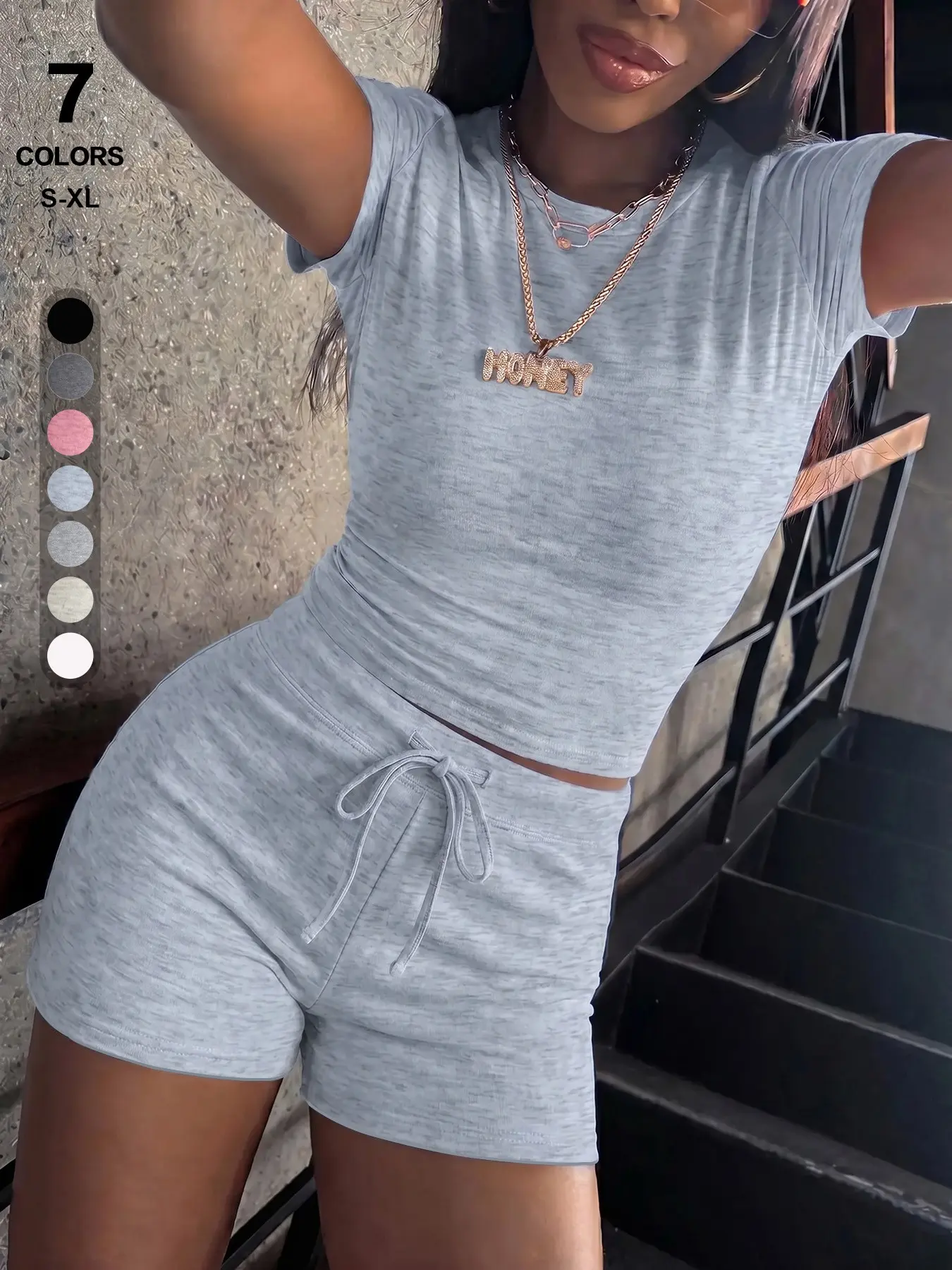 Women's 2-Piece Solid Loungewear Set, Crew Neck Crop T-Shirt & High Waist Mini Shorts with Drawstring, Soft Stretch Fabric, Sizes S-Xl, Multiple Colors
