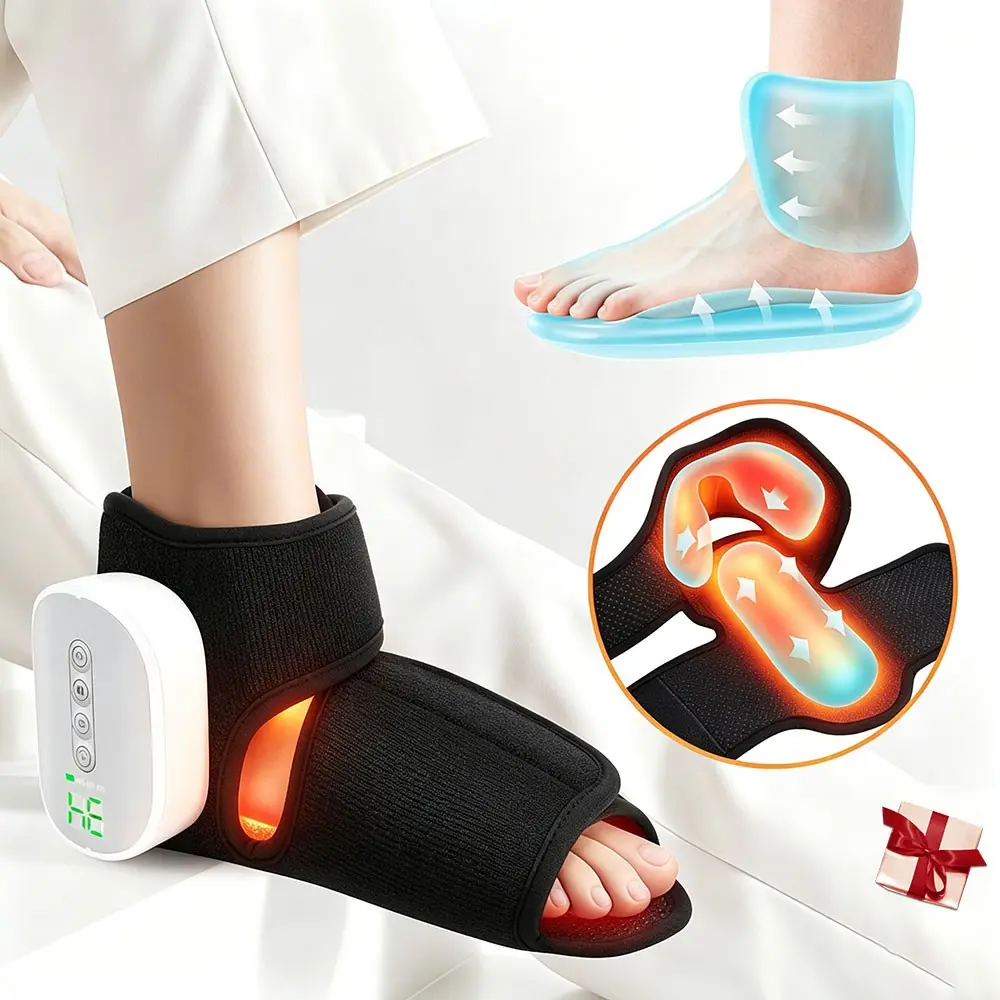 Cordless Air Compression Foot Ankle Massager 3 Modes 4 Intensities 4 Heat Levels Heated Ankle Wrap 3000mAh Rechargeable for Plantar Fasciitis Foot Fatigue Relax, Ideal for Men Women Seniors