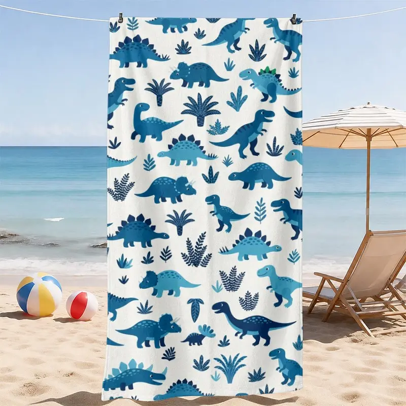 Cute Dinosaur Beach Towel, Blue Cartoon Dinosaur and Plant Print, Absorbent and Sand Resistant with Soft Lightweight Comfort, Fun Summer Adventure for Beach, Pool and Water Park, Gift for Kids, Quick Dry Towel