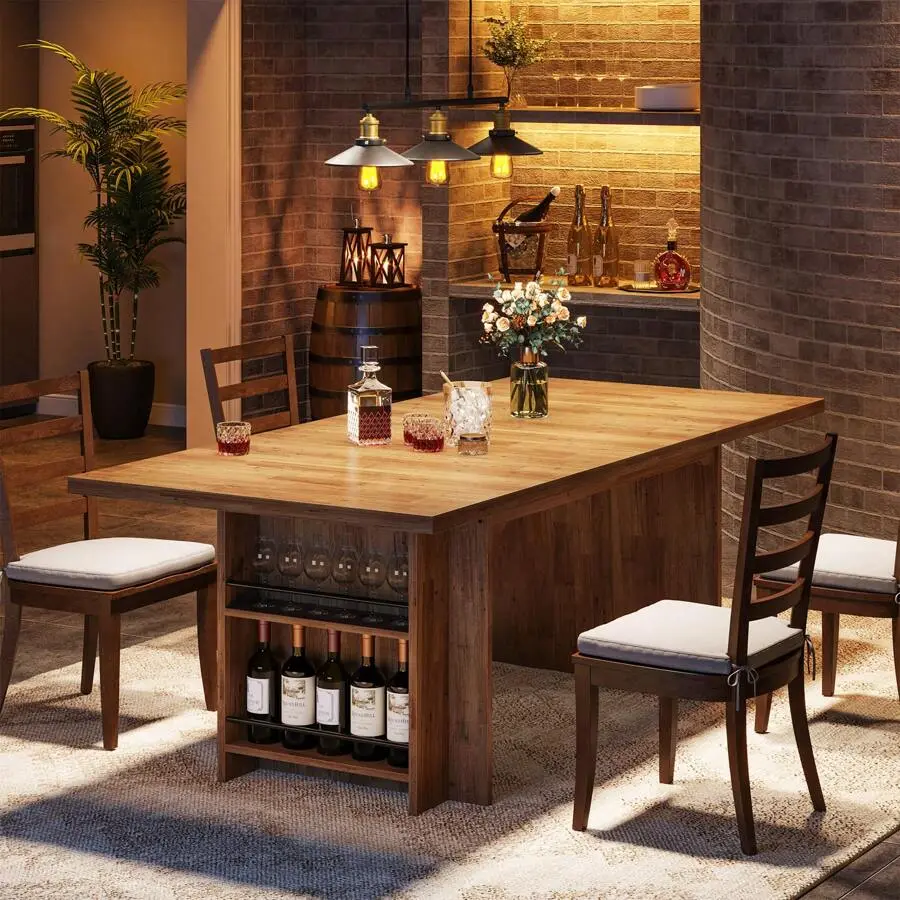 Vintage Farmhouse 63-Inch Large Size Rectangular Stain-Proof MDF Wood Dining Table with Storage, Walnut Indoor Table for 6-8 People