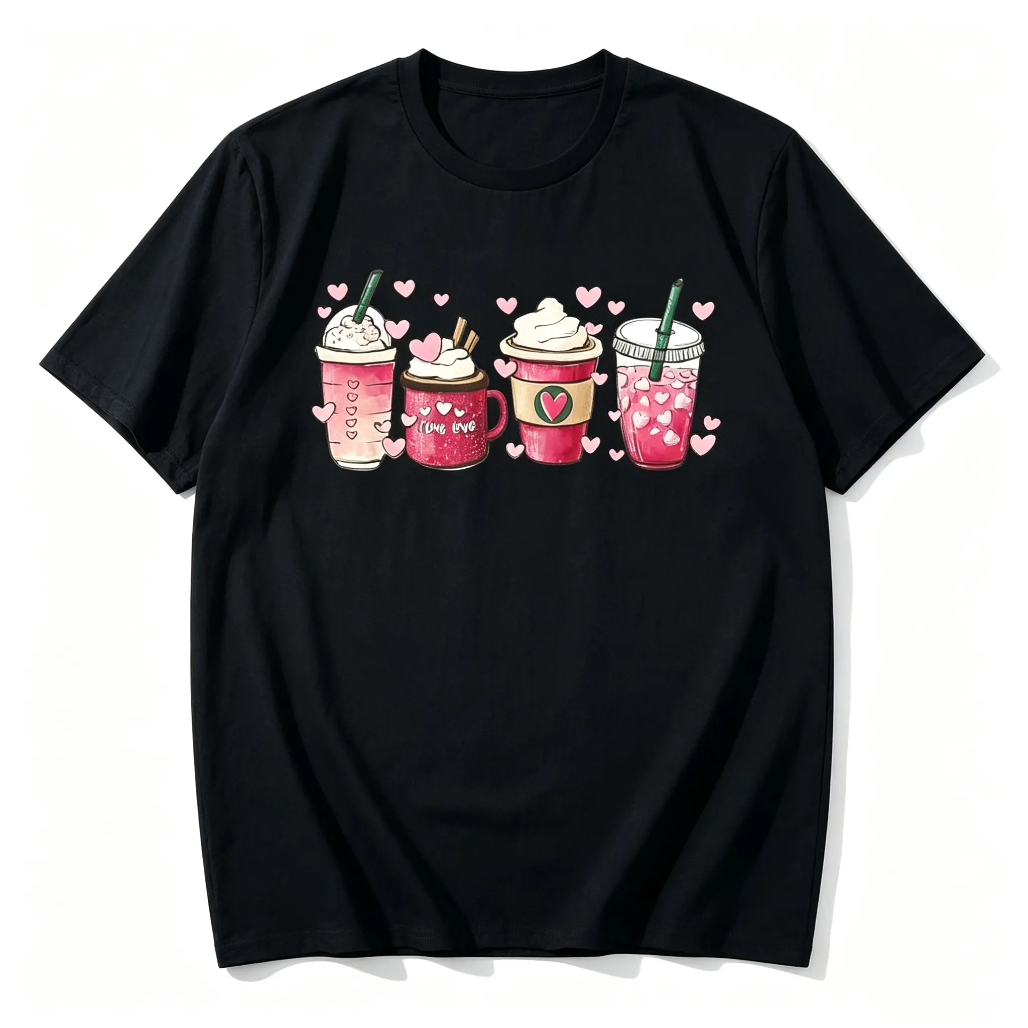 Valentine Heart Coffee Drink Cup Graphic Tee Cute Romantic Coffee Lover Casual Streetwear Women Top Valentine's Day Gift