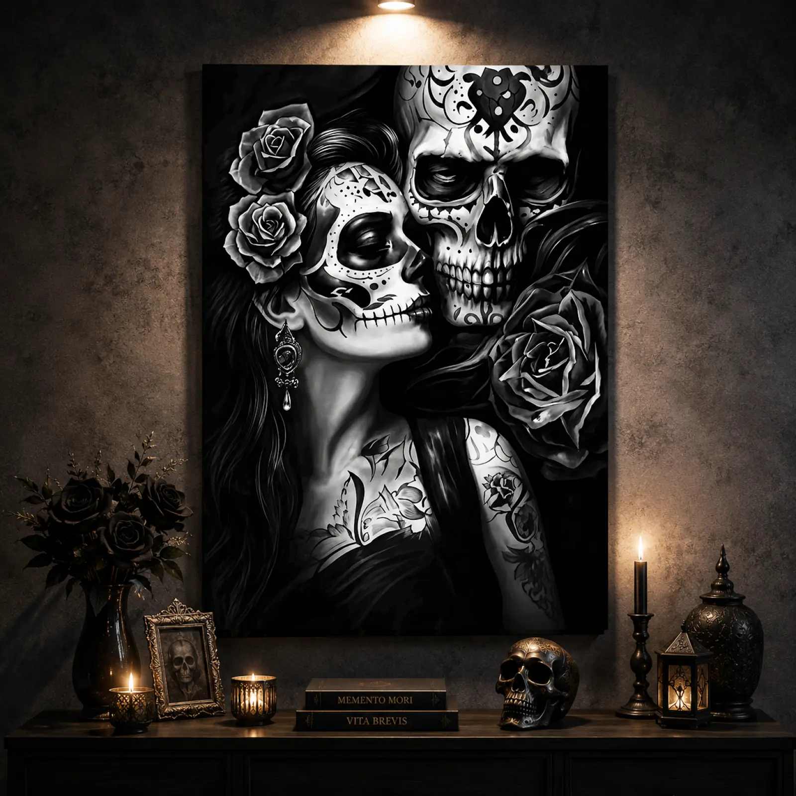 Gothic Skull Couple Canvas Wall Art Poster - Unframed Black & White Day of the Dead Skeleton Love Print, Dark Romance Art Wall Decor, Artwork for Bedroom Living Room Halloween Gift