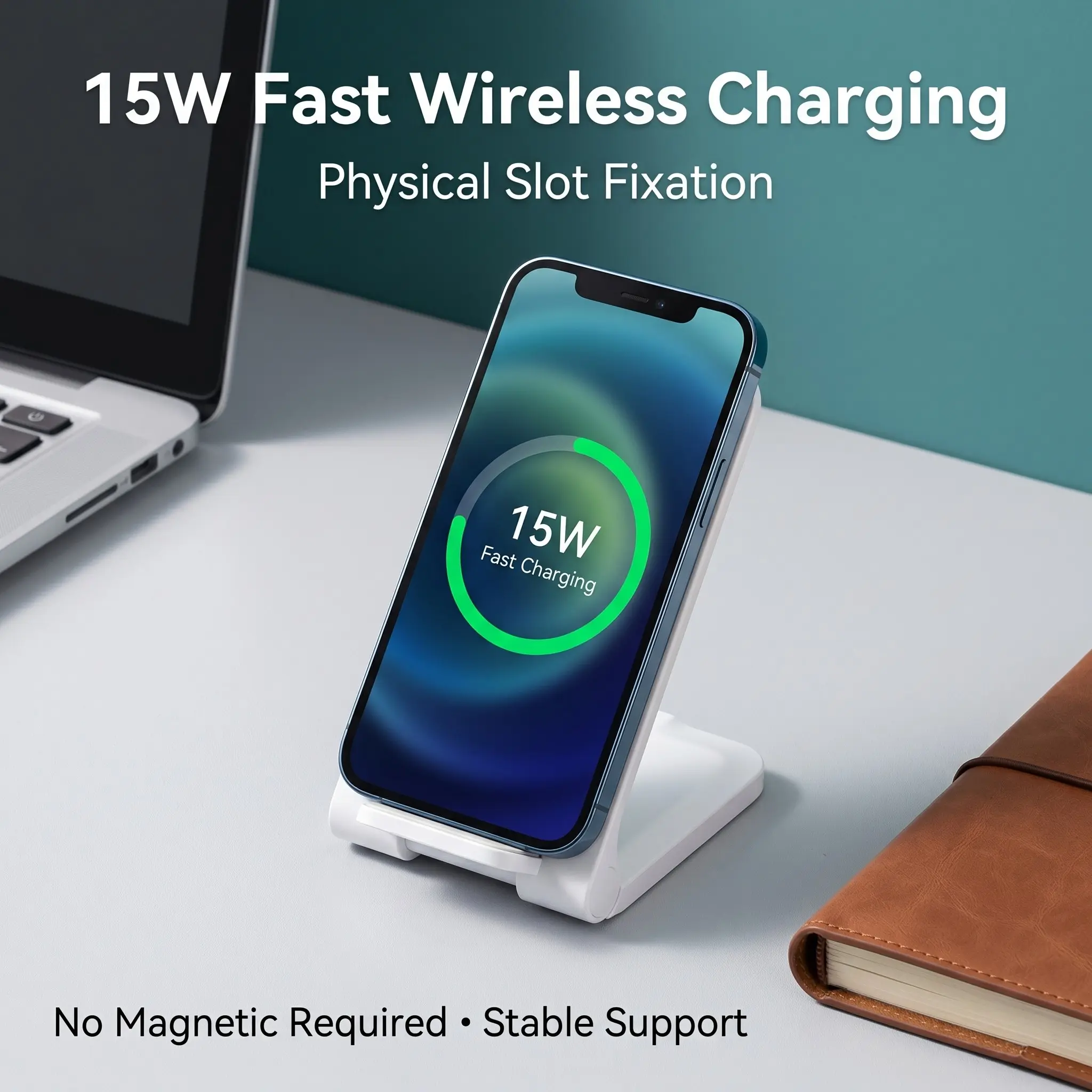 15w Vertical Wireless Charger Phone Stand Combo, Foldable Multi-Angle Desktop Fast Charging, Compatible with Qi Protocol for Apple Android Phones