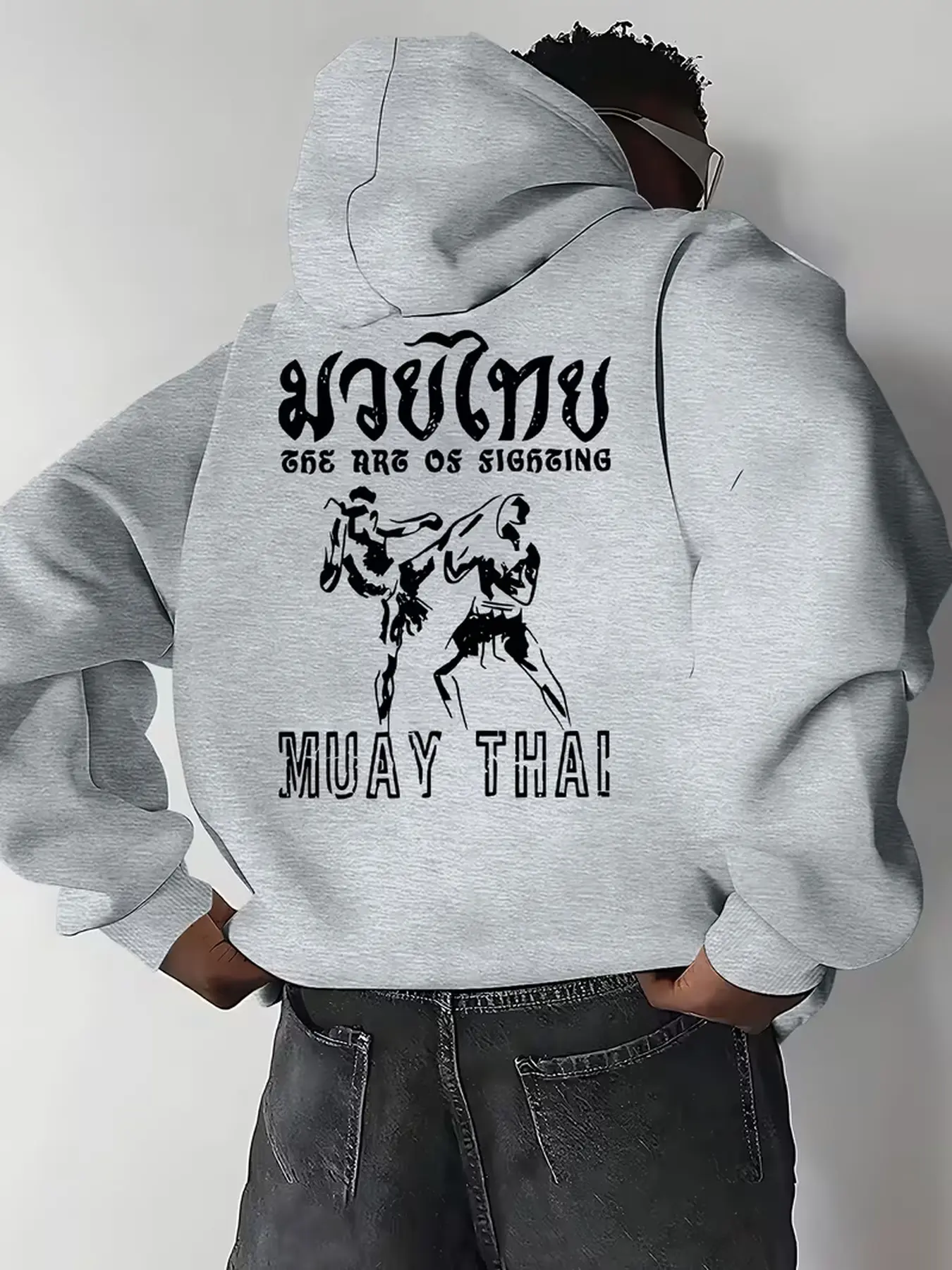 Men's versatile casual pullover hoodie with trendy Muay Thai print, wearable for home leisure and outdoor daily outfits.