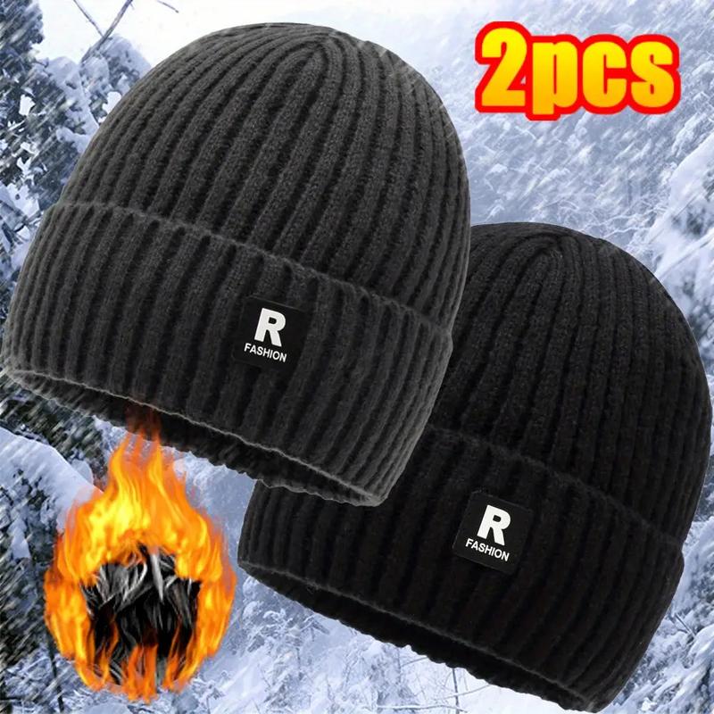2 Pieces Men's Winter Fashion Fleece-Lined Thick Knitted Hat Outdoor Cycling Cold-Proof Large Head Circumference Knitted Hat Ski Hat