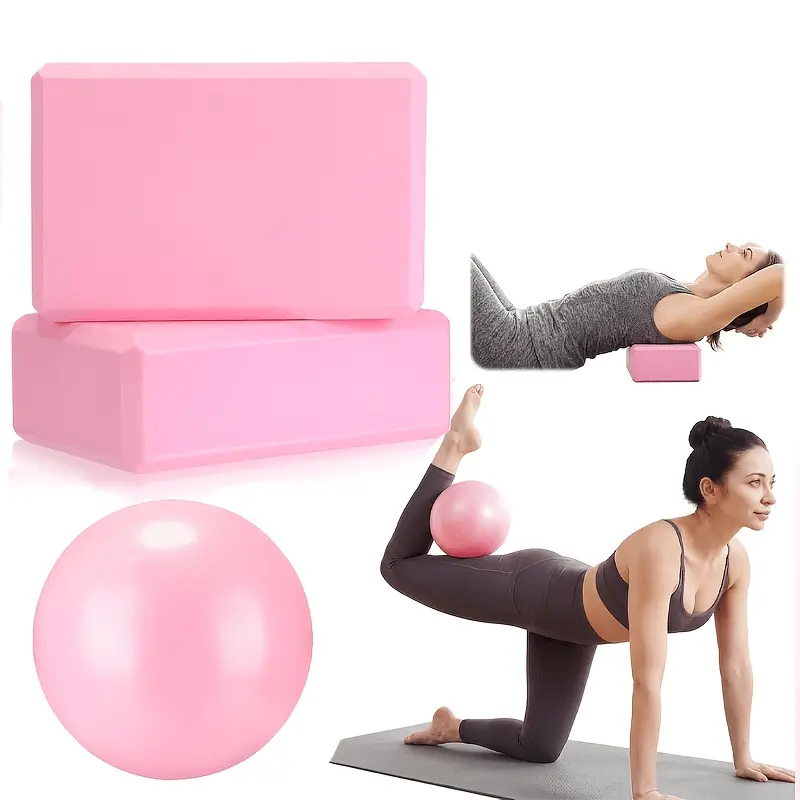 3-piece non-slip high-density foam yoga block and Pilates ball set, including 2 foam blocks and 1 ball, EVA high-density yoga blocks, PVC Pilates fitness ball, perfect for deep stretching, Pilates, and more.