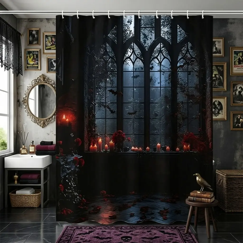1pcs Halloween Gothic Arch Window Shower Curtain, Dark Castle Candles Red Rose Bat Night Scene Bath Curtain, Vintage Spooky Dark Fantasy Art Cloth Curtain for Bathroom Decor, Creepy Holiday Themed Bath Accessory