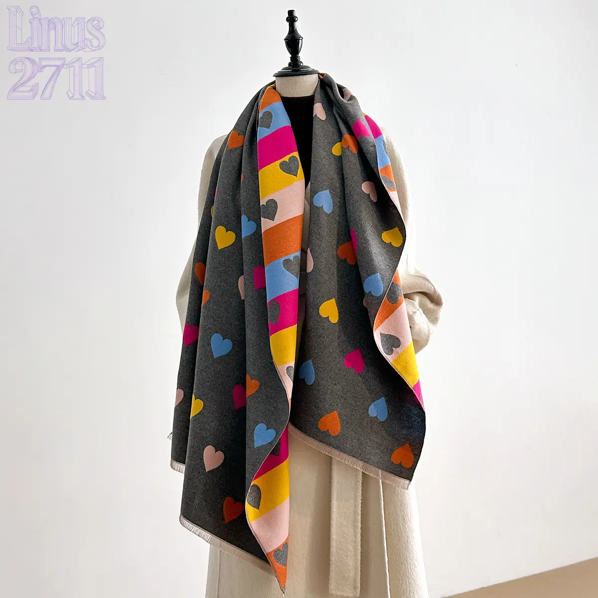 Women Multicolor Rainbow Heart Striped Imitation Cashmere Scarf Reversible Fall Winter Warm Thick Shawl Gray Base Love Heart Print Soft Pashmina Wrap Fashion Outdoor Neck Warmer Air Conditioner Blanket Scarf Gift