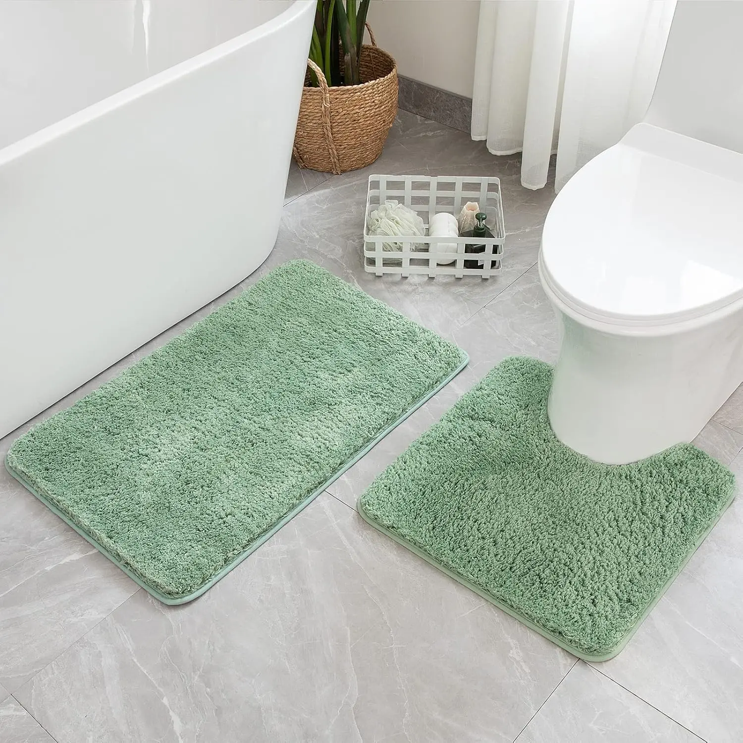 Microfiber Rugs and Mats Sets 2 Pieces Thick Non Slip Bath Mat and U-Rug for Bath Room Restroom, 20"x30"+20"x20", Sage Green