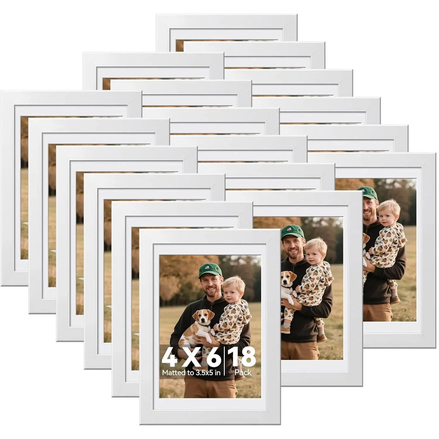 BoDoux 4x6 Picture Frames Set of 18, Wall or Tabletop Display, White| 4x6 White Picture Frames Bulk Display Photos 3.5x5 with Mat or 4x6 without, Gallery Wall Frame Set for Home Decor