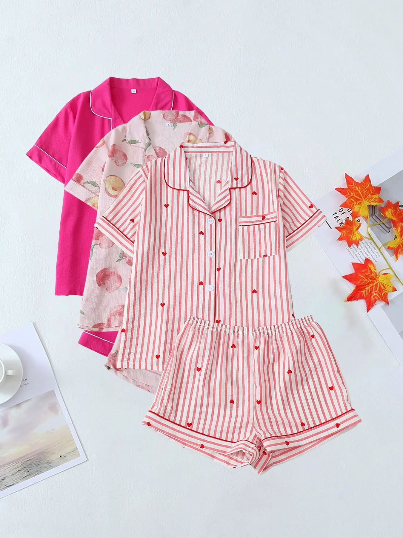 Striped Heart Peach Print Pajama Set, Casual Fitted Sleepwear, All-Over Print, Contrast Binding, Suitable for Home & Outdoor Wear