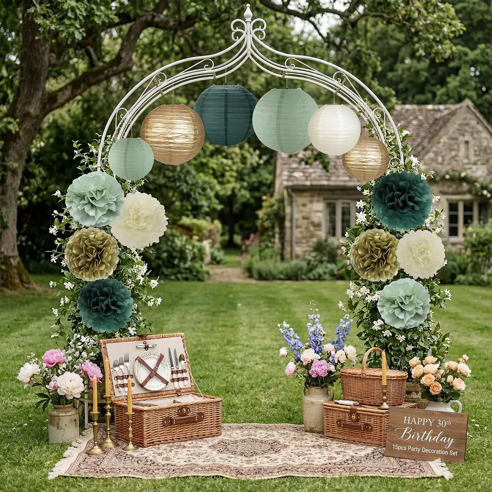30 Pcs Sage Green Gold White Party Decorations, 8in & 10in Tissue Paper Pom Poms & Paper Lanterns, Hanging Paper Decor for Wedding, Bridal Shower, Birthday & Boho Party Supplies