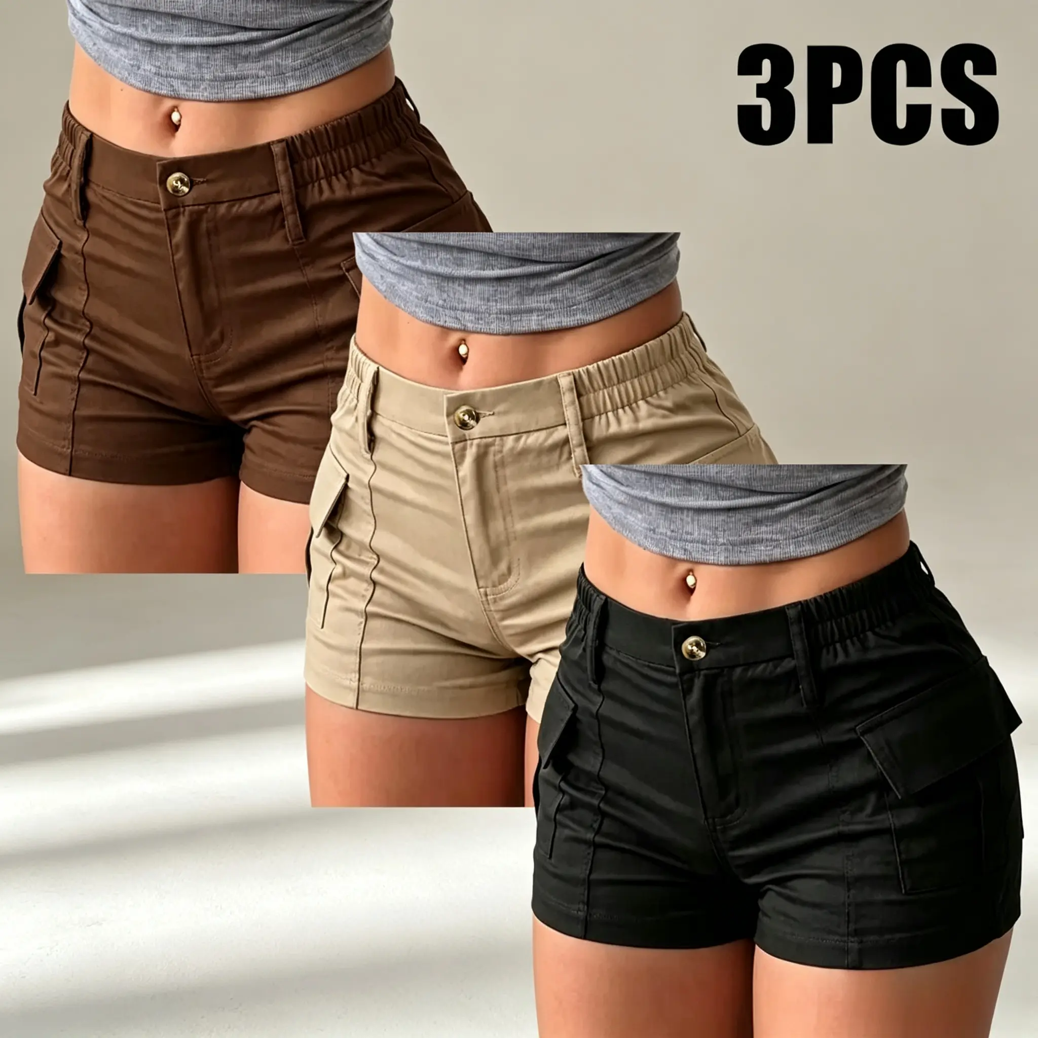 Pack of 3, new summer women’s cargo shorts-two-pocket trousers with multiple pockets on both sides and a button waist; stylish, youthful, and highly versatile.