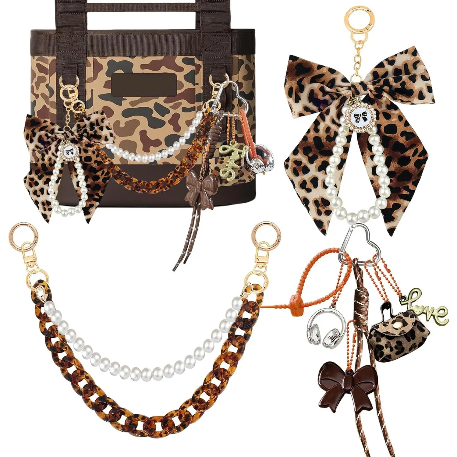 9PCS Leopard Print Handbag Charm Pack, Trendy Backpack Accessories Kit with Pearl Tassel Bow, Mini Bag, Love & Earphone Charms, Acrylic Pearls & Chains, Easy-Attach Hanging Rings, Fits YETI Camino 20/35/50 Carryall, Bogg Beach Totes for Beach Trip