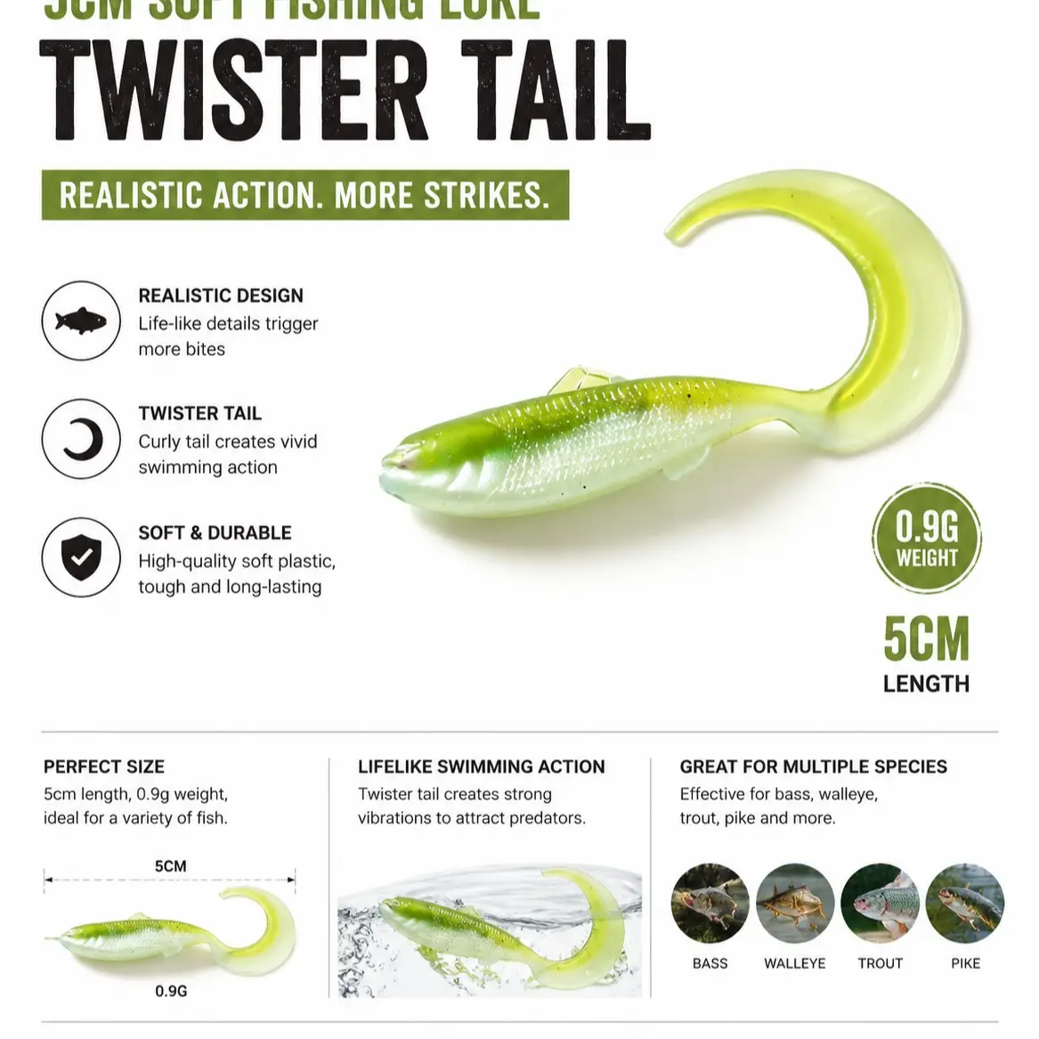 20pcs/Bag Worm Style Soft Plastic Fishing Lures 0.9g 5cm Single Curly Tail Wobbler Worm Swimbait Freshwater Saltwater Silicone Grub Lures for Rock Fishing Sea Fishing Bass Carp Trout Redeye Mandarin Fishing Tackle