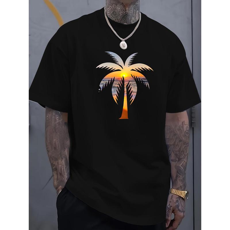 Men's Summer Casual Top with Sunset Coconut Tree Print – Slight Stretch, Regular Fit, Athleisure Style