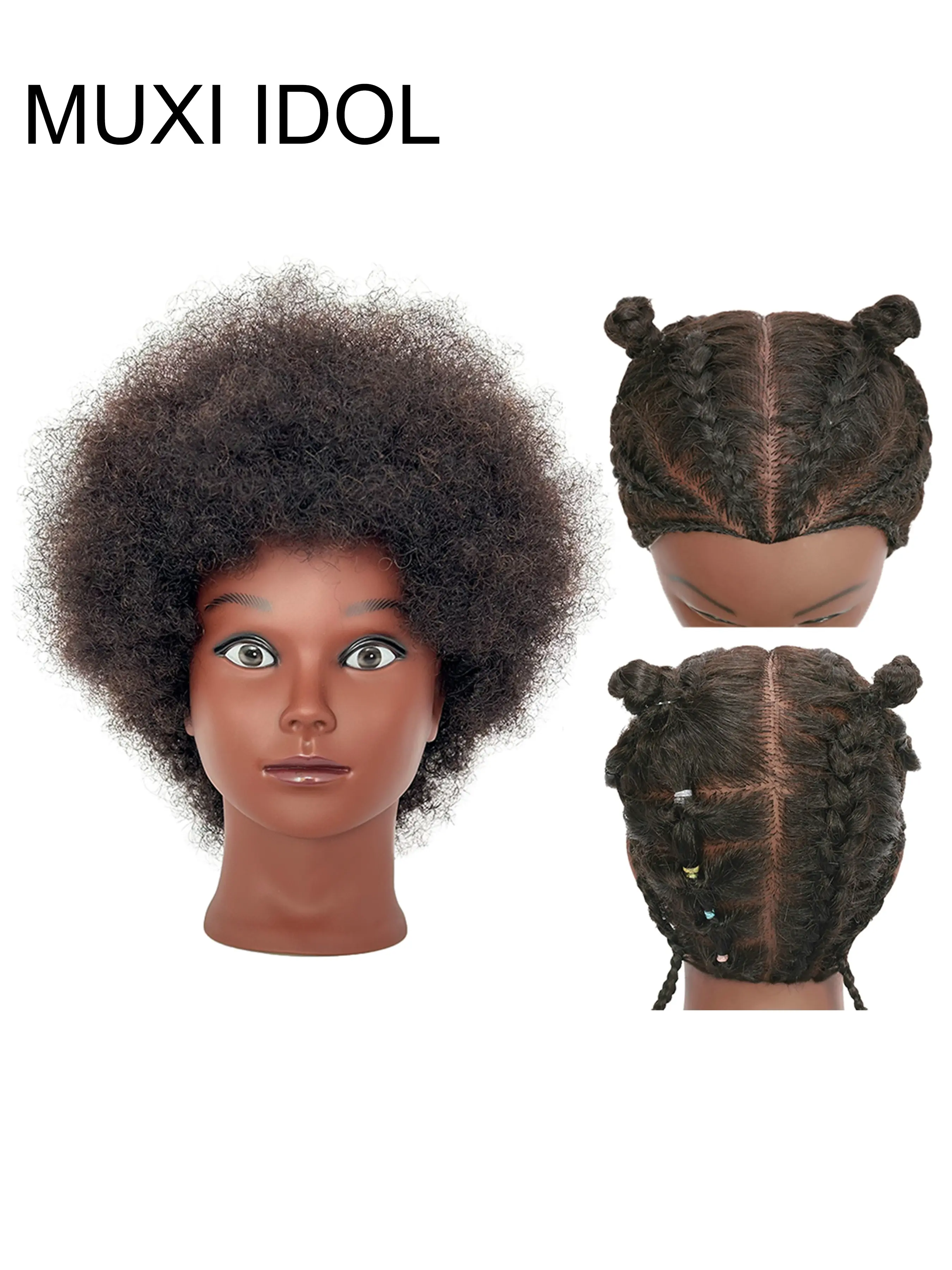 8-Inch African Model Head, 100% Real Hair Training Head, Braiding Practice Dummy, Cornrow and Ponytail Styling Tool, Hair Doll Head
